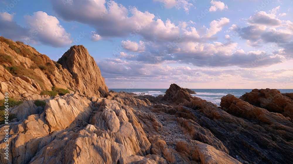 Obraz premium The unique rock formations along the coastal cliff reveal ancient layers of history, bathed in the warm glow of the sunset.