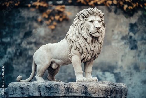 Elegant stone lion sculpture on a weathered stone pedestal.