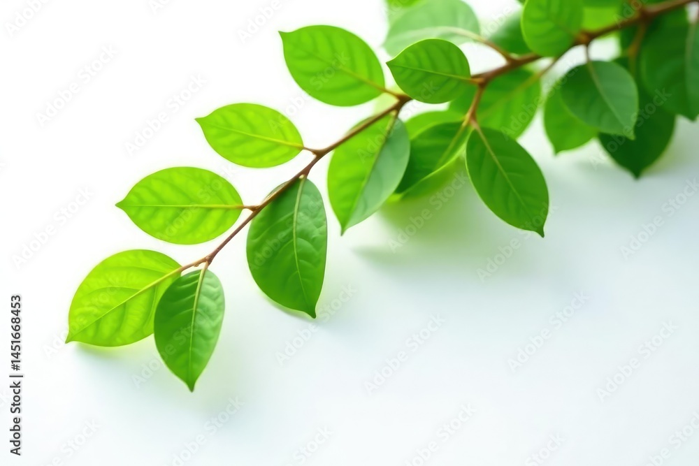 Branch with leaves hanging downwards from the end on white surface, green foliage, isolated branches, nature elements Branch with leaves hanging downwards from the end on white surface, green foliage, isolated branches, nature elements