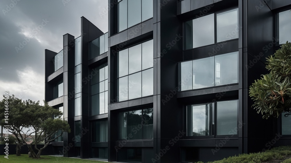 Impressive building with numerous and luxurious black facade cladding offering contemporary urban aesthetics Impressive building with numerous and luxurious black facade cladding offering contemporary urban aesthetics