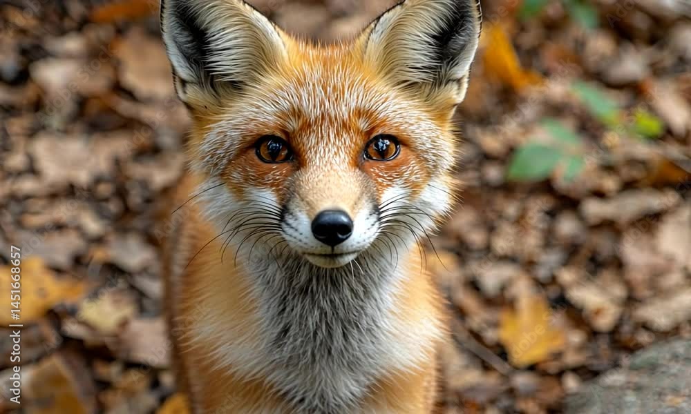 A close-up of a red fox with bright eyes, surrounded by autumn leaves in a forest setting