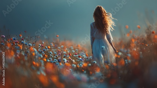 Rückansicht einer Frau im weißen Kleid in einem Blumenfeld bei Sonnenuntergang
