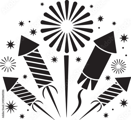 Black Fireworks Silhouettes Clipart – Bursting, Exploding, and Sparkling Firework Vector Set

