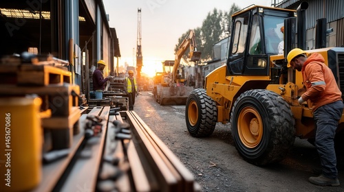 Hardworking construction workers operating heavy machinery at sunset worksite