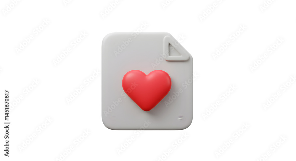 Light gray document icon with upper corner fold and centered red heart, minimalist favorite file representation with shadow effect, clean love-marked content symbol for digital file systems Light gray document icon with upper corner fold and centered red heart, minimalist favorite file representation with shadow effect, clean love-marked content symbol for digital file systems