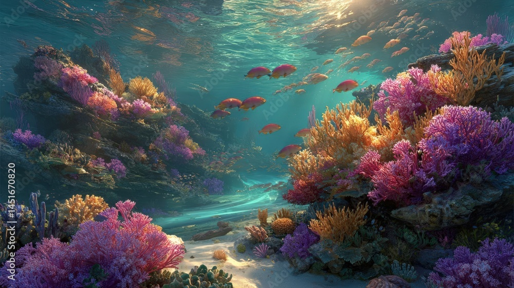 Naklejka premium 9. A vibrant coral reef underwater, colorful fish and swaying plants, crystal-clear water, hyper-detailed