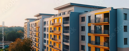 Affordable housing development in a city, showcasing modern, sustainable apartments with lowcost construction methods