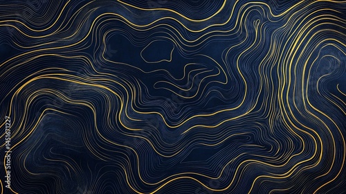 Golden lines flowing through deep blue, abstract topographic map design