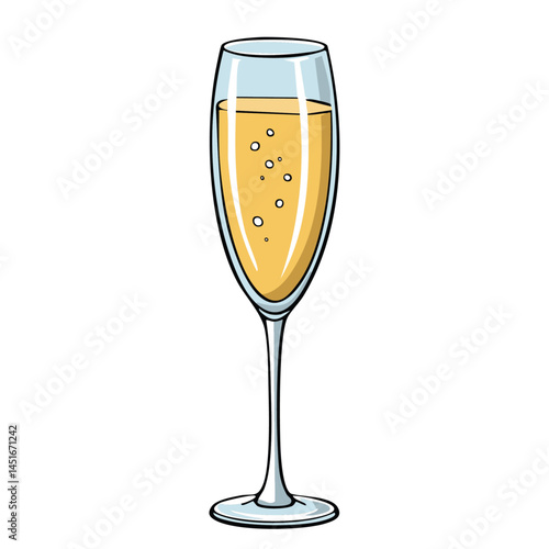 Glass of champagne color vector illustration in sketch style. Doodle image of sparkling wine. Festive drink prosecco for menu and design.