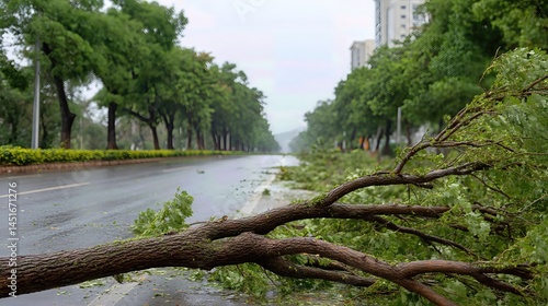 A fallen tree branch lies across the road after the storm, blocking traffic and showing the extent of hurricane damage to the city’s streets.
