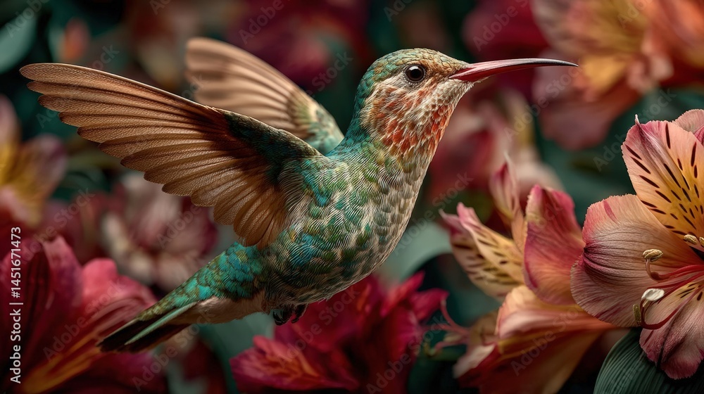 Fototapeta premium 13..A hummingbird frozen mid-flight drinking nectar from vibrant flowers, extreme detail and motion blur