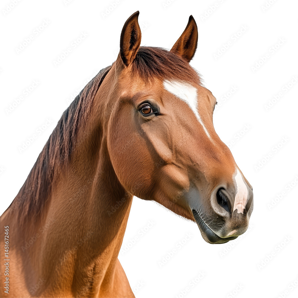 Obraz premium A detailed view of a horse head with distinctive features set against a clean transparent background, horse head isolated on transparent background