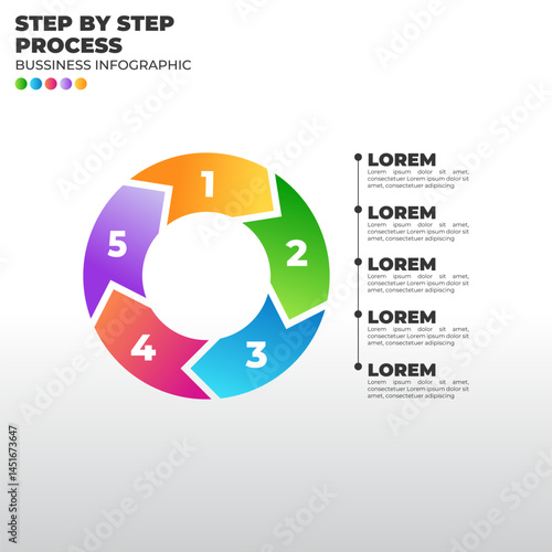 Colorful circular infographic with 5 steps. Modern vector for business process, workflow, or marketing cycle presentation
