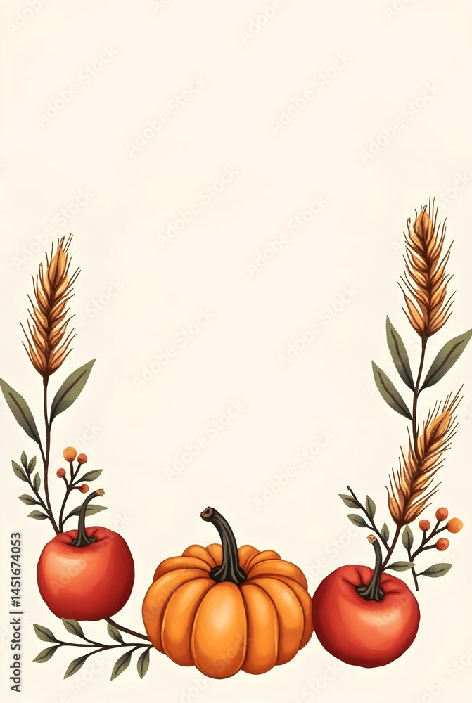 Fototapeta premium A watercolor illustration features pumpkins, wheat stalks, and berries arranged at the bottom against a soft cream backdrop, suggesting an autumn harvest theme