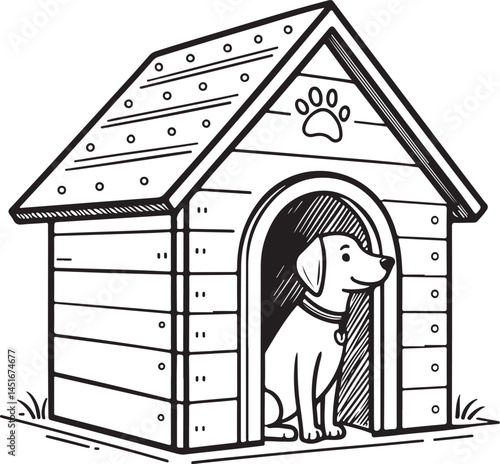 Dog house, Pets and Pet Product, Black and White Vector Illustration, Sketch Drawing Line Linear Symbol Icon Engraving, Hand-drawn Isolated