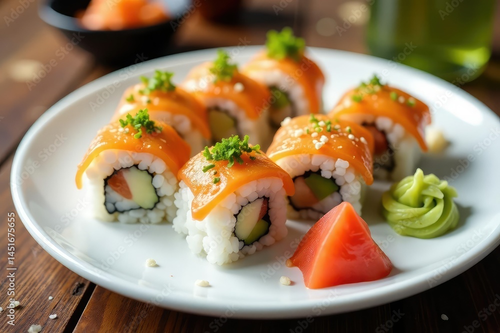 Various sushi rolls on a white plate, wasabi, ginger, texture, soy sauce Various sushi rolls on a white plate, wasabi, ginger, texture, soy sauce