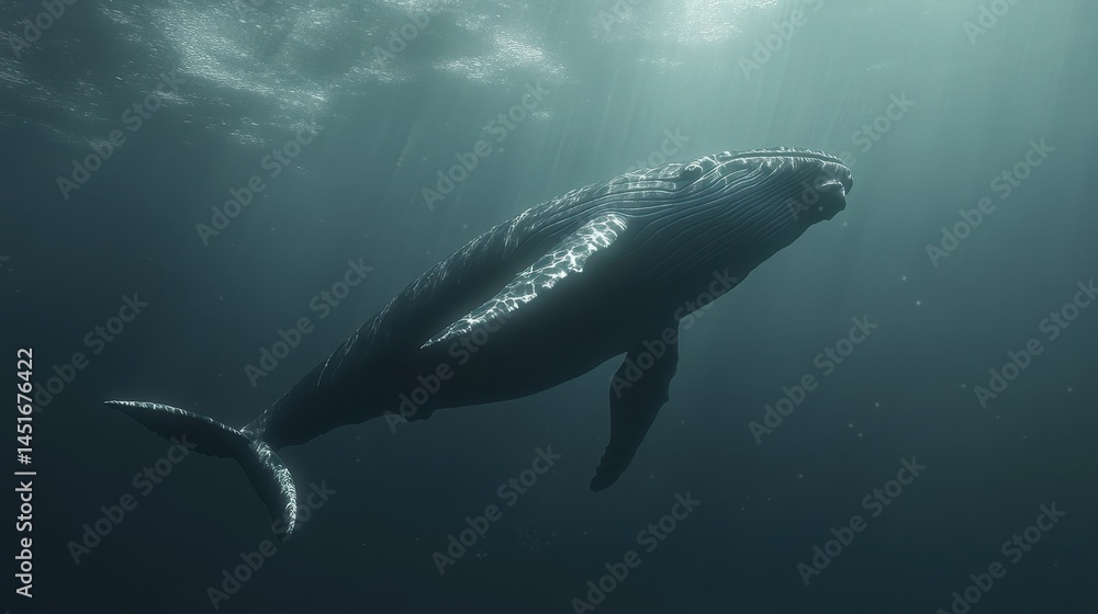 Obraz premium A realistic 3D rendering of a whale diving beneath the ocean's surface, showcasing the majestic creature in mid-dive.
