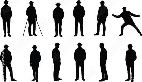 Silhouette collection of twelve individuals standing in various poses, featuring accessories such as crutches and hats, symbolizing diversity in stance and character