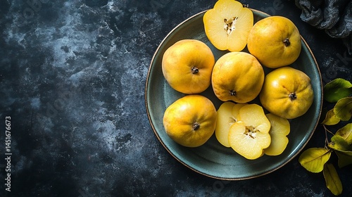 Fototapeta Naklejka Na Ścianę i Meble -  Regular view of golden yellow quince fruits raw and sliced on a textured dark background aromatic USA heritage fruit often used in jellies and baked goods cut out on isolated transparent background