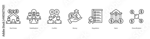 Real Estate Stability icon sheet web banner vector real estate, stabilization, conflict, money, regulation, bank, diversification