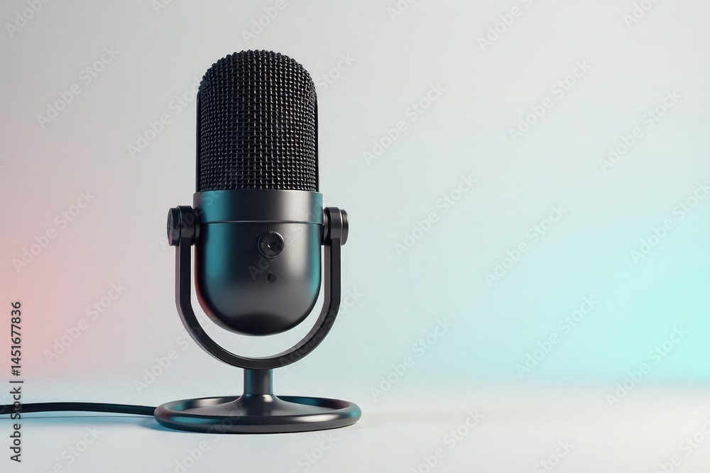 Close-up shot of a single microphone on white background, music, abstract, black