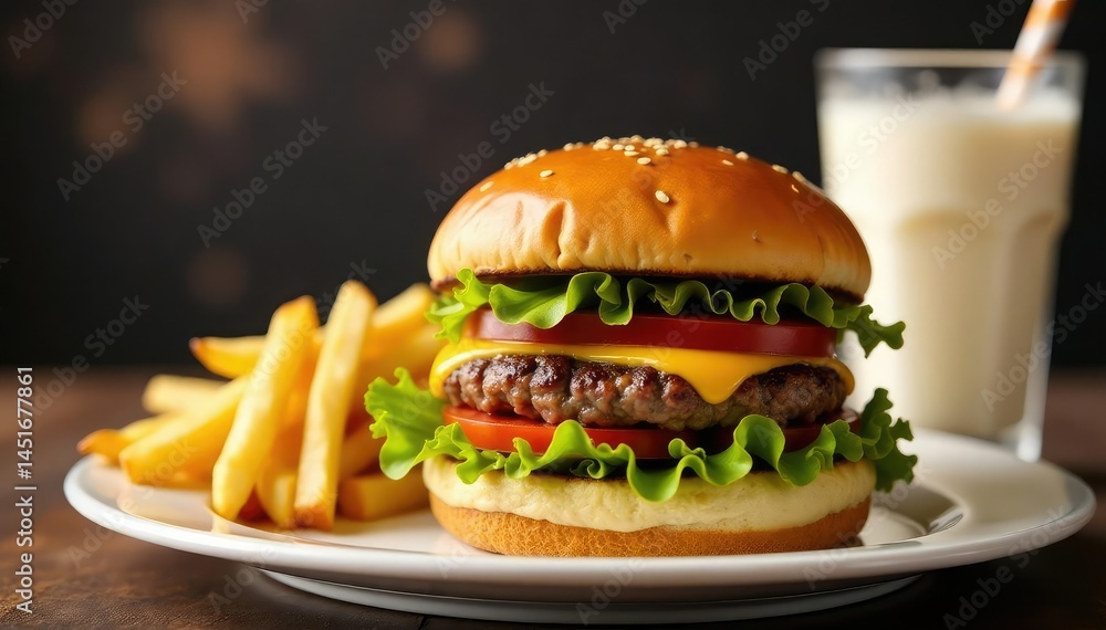 Close up shot of greasy burger, fries, and milkshake on white, tasty, food photography