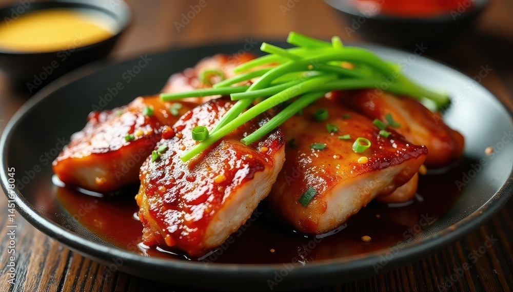 Crispy aromatic duck, glistening skin, garnished scallions , asian food, menu, appetizing