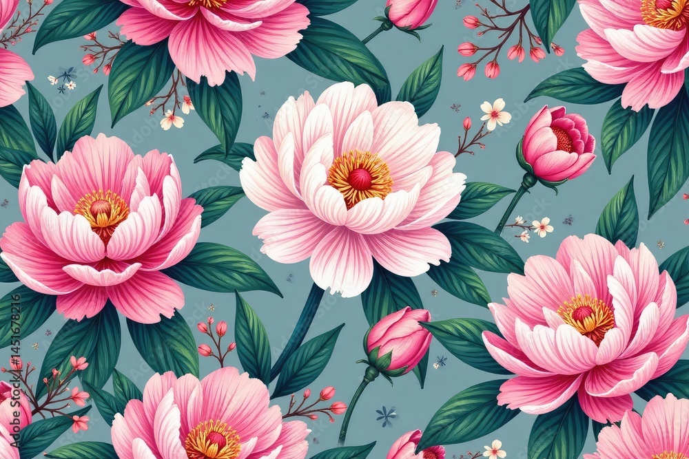 Delicate hand-drawn peony blossoms & foliage repeating pattern, background, peony, pink