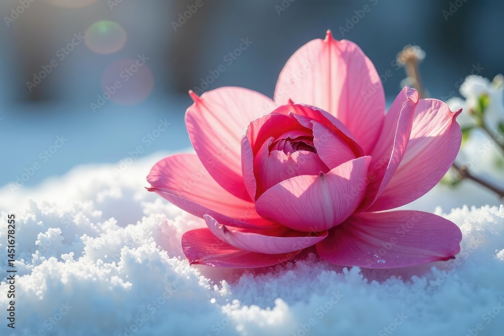 Delicate petals unfolding on a snowy background, petal, bloom