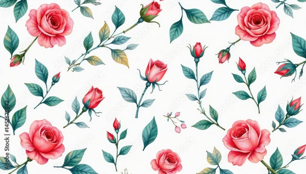 Delicate watercolor rosebuds & leaves, repeat pattern, background, red, fabric