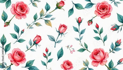 Obraz na płótnie Delicate watercolor rosebuds & leaves, repeat pattern, background, red, fabric w salonie