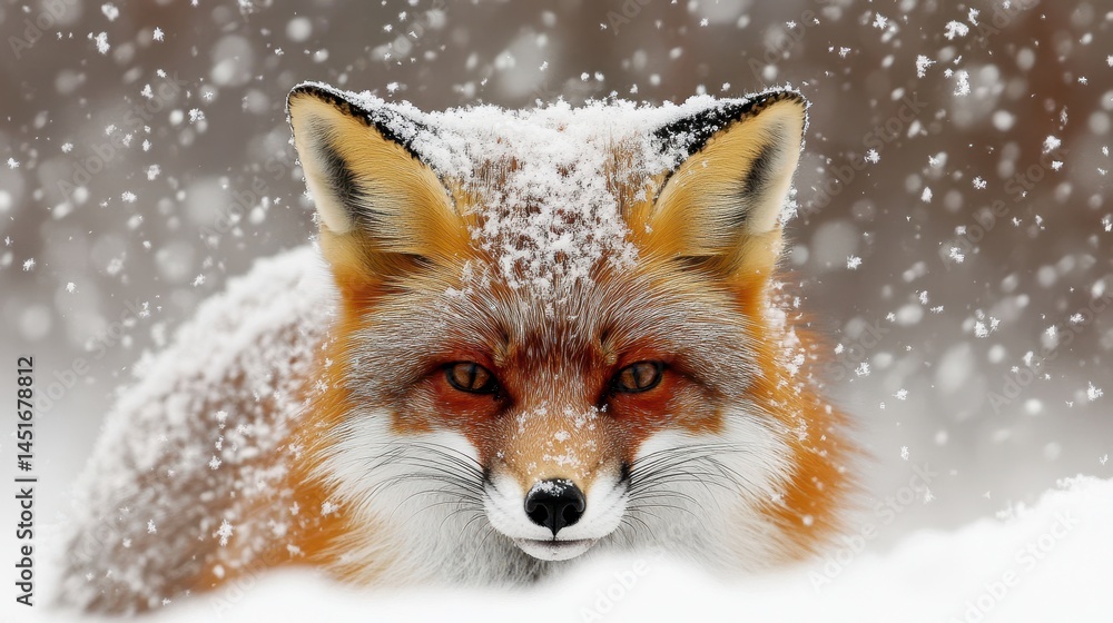 Obraz premium A realistic animal photograph captures a red fox in a snowfall, highlighting its vivid red fur against the soft, falling snow.