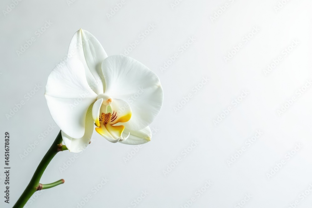 Delicate white orchid blossom against pure white backdrop, petal, white background, tranquil