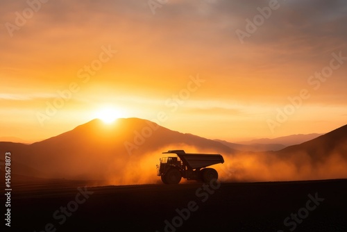 Sunrise casts golden light on mining truck, highlighting rugged
