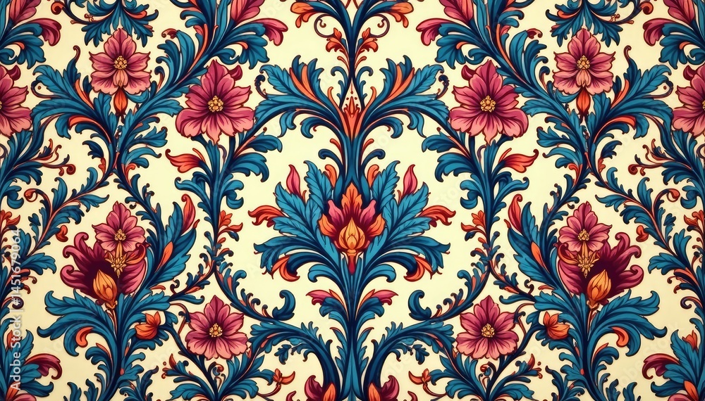 Elegant floral damask pattern, intricate design, symmetrical, scroll, vintage