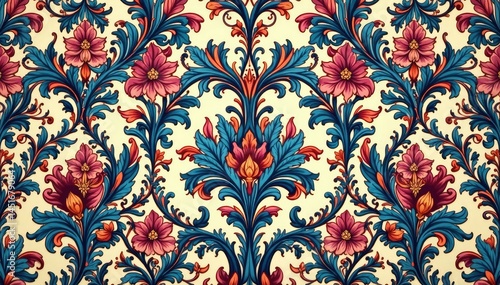 Obraz na płótnie Elegant floral damask pattern, intricate design, symmetrical, scroll, vintage w salonie
