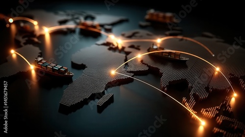 Creative Digital World Map with Global Shipping Routes in Dark Room