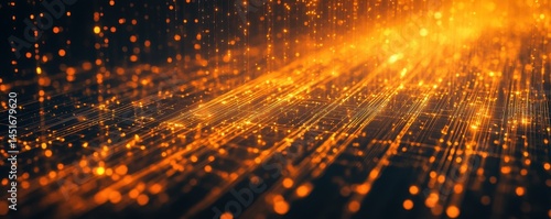 Abstract Glowing Orange Light Streaks and Particle Burst on Dark Backdrop Representing High Speed Data Transfer and Futuristic Technology