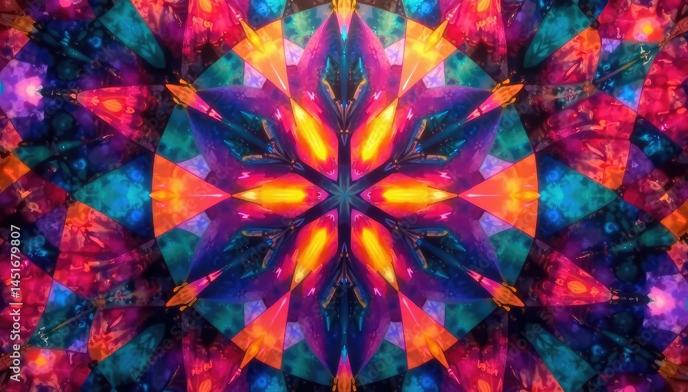 Geometric shapes, kaleidoscope effect, vibrant colors, digital art, geometric