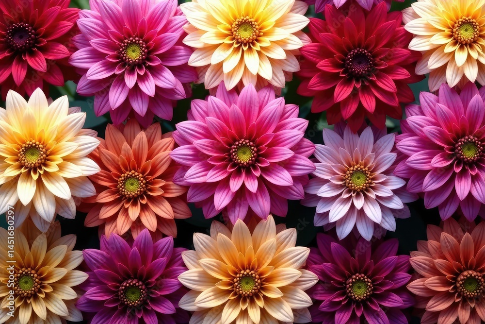 Intricate dahlia blooms in vibrant hues, forming a repeating floral pattern , vibrant, close-up