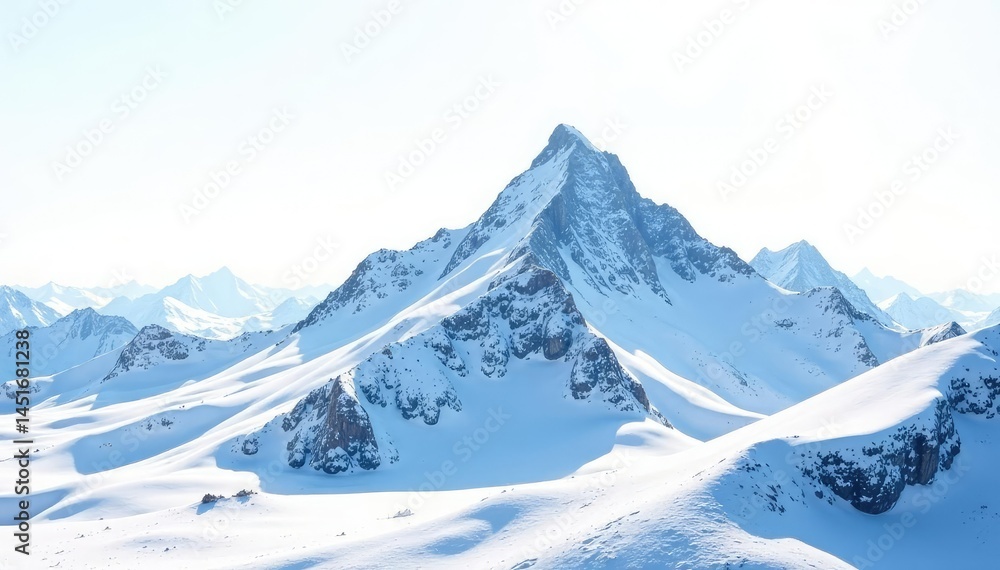 Fototapeta premium Snow-covered mountain peak against bright white sky, image, cold