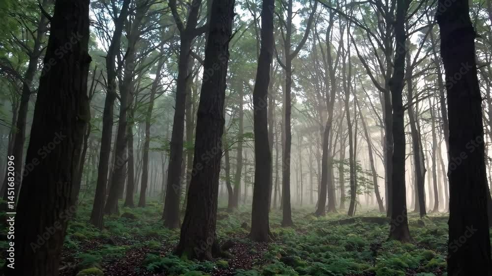 Misty forest morning with sunlight streaming through tall trees in serene natural landscape Misty forest morning with sunlight streaming through tall trees in serene natural landscape
