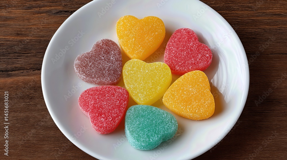 The heart-shaped candy, coated in a sparkling layer of sugar, sits invitingly on the white plate. The heart-shaped candy, coated in a sparkling layer of sugar, sits invitingly on the white plate.