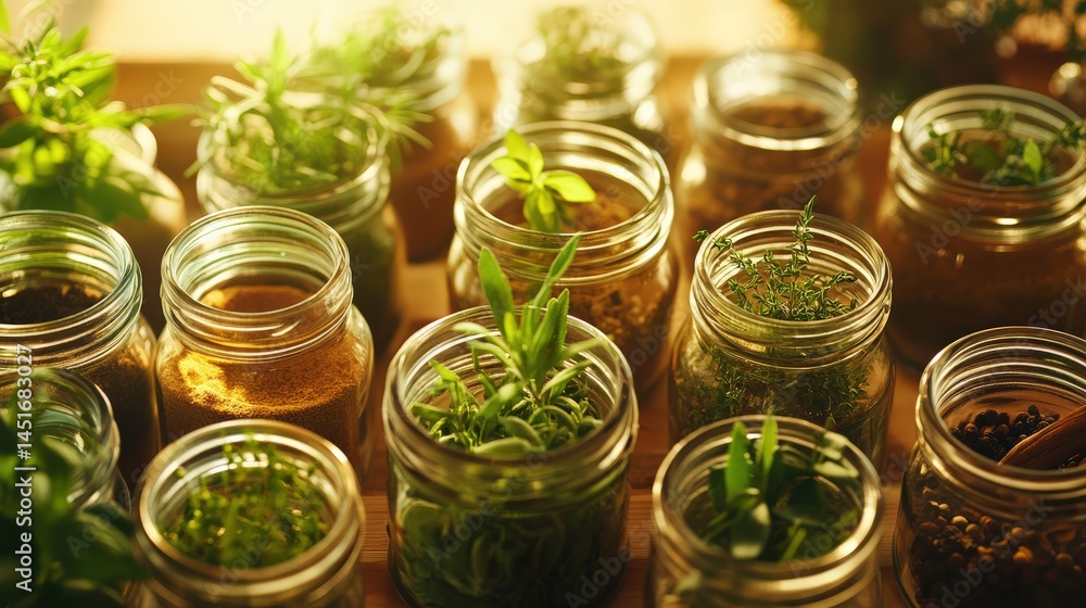 Fresh herbs and spices in jars ideal for cooking and culinary use Fresh herbs and spices in jars ideal for cooking and culinary use