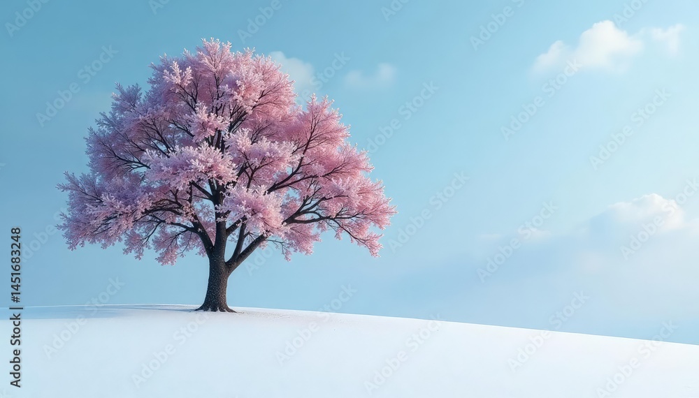Single tree dominates the snow-covered landscape, winter, cold, snowfield