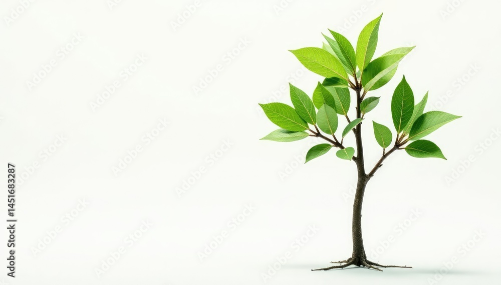 Single young tree, delicate leaves, white backdrop, sprout, young, twig