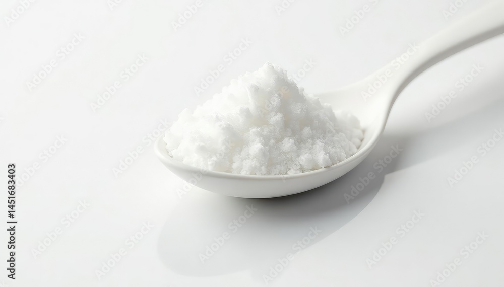 Spoonful of white sugar against a white backdrop, ingredient, spoon, recipe