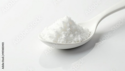Obraz na płótnie Spoonful of white sugar against a white backdrop, ingredient, spoon, recipe w salonie