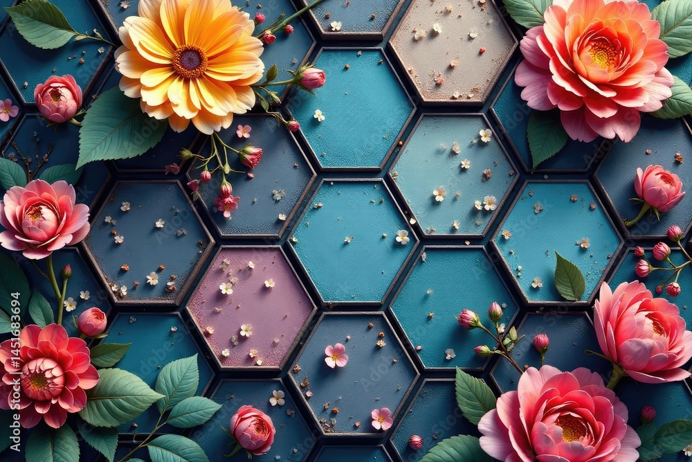 Subtle floral elements arranged in a tessellated hexagon pattern , texture, pink, green