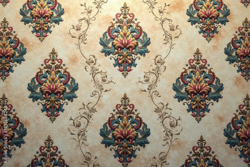 Symmetrical arabesque damask pattern in muted tones, subtle texture, home decor, surface, abstract